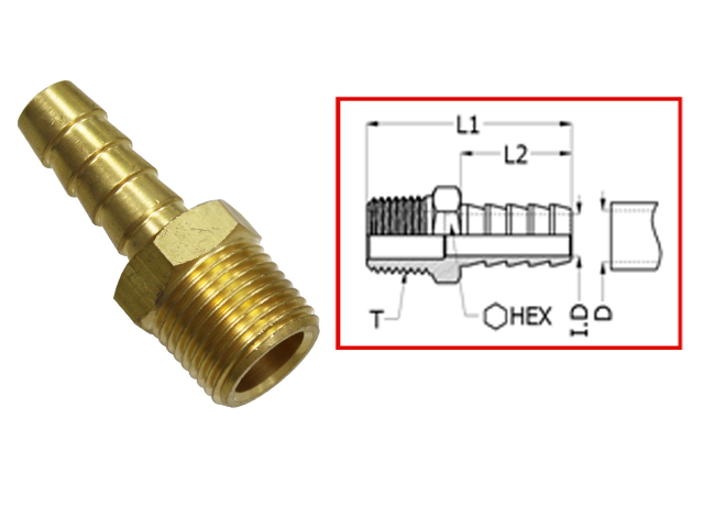 K7A_07-305-01 07-305-01 | Male Hose Barb Fittings Thread 1/4 NPT, L1 37mm, L1 20mm, Hex 14mm, ID 5.5mm, Fits 5/16 - Image 1